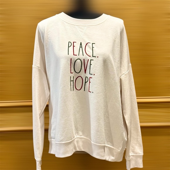 Rae Dunn Cream PEACE LOVE HOPE in Red Green Letters Christmas Sweatshirt Size XL - Picture 1 of 6